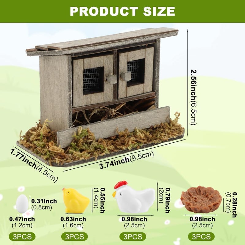 Restynic Miniature Chicken Coop Set - 13-Piece Farm Decor Kit with Hens, Chicks, Eggs & Nests for Fairy Gardens, DIY Mini Landscapes & Party Decor - Image 2